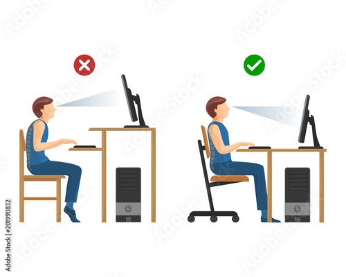 Right position for work at computer instructions set