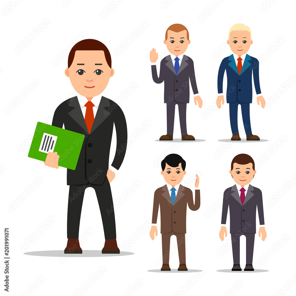Business man. Set of manager character in various poses. Boss in suit, shirt and tie. Set cartoon illustration isolated on white background in flat style Business man. Set of manager character in various poses. Boss in suit, shirt and tie. Set cartoon illustration isolated on white background in flat style