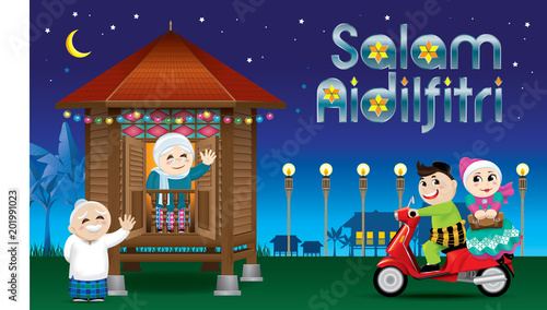 A couple is just arrive their home town, ready to celebrate Raya festival with their parents. With village scene. The words "Salam Aidilfitri" means happy Hari Raya.