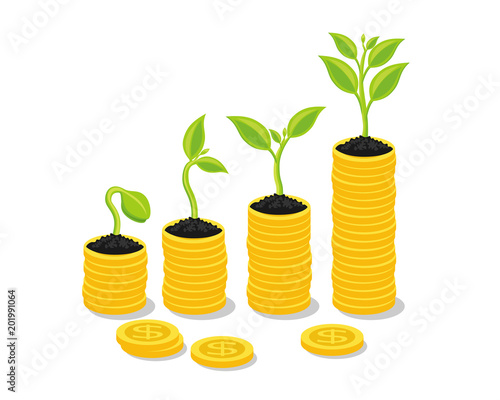 Plant Growing In Savings Coins - Investment And Interest Concept, Business investment growth concept, with stack money coin