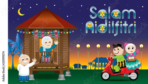 A couple is just arrive their home town, ready to celebrate Raya festival with their parents. With village scene. The words "Salam Aidilfitri" means happy Hari Raya.