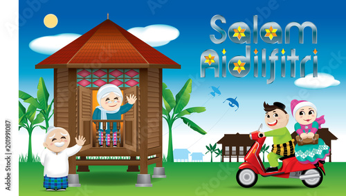 A couple is just arrive their home town, ready to celebrate Raya festival with their parents. With village scene. The words "Salam Aidilfitri" means happy Hari Raya.