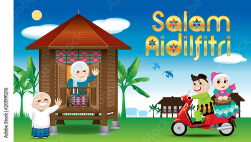 A couple is just arrive their home town, ready to celebrate Raya festival with their parents. With village scene. The words "Salam Aidilfitri" means happy Hari Raya.