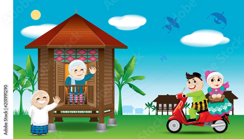 A couple is just arrive their home town  ready to celebrate Raya festival with their parents. With village scene.
