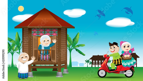 A couple is just arrive their home town, ready to celebrate Raya festival with their parents. With village scene.