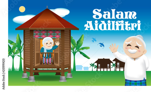 Muslim old man and woman waiting their family member home, to celebrate Raya festival together. The words "Salam Aidilfitri" means happy Hari Raya.