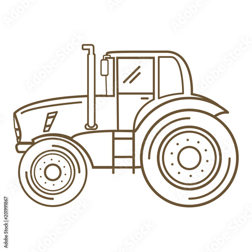Tractor farm .Heavy agricultural vehicles machinery for field work of harvesting.Cartoon vector fla line art design.Farm transport.Side view and front view