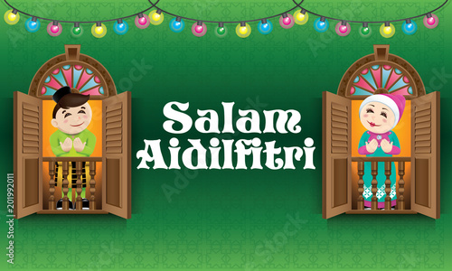 Muslim boy and girl, old man and woman standing on a Malay style window, celebrating Raya festival. The words "Salam Aidilfitri" means happy Hari Raya.