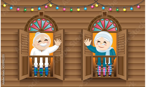 Muslim boy and girl, old man and woman standing on a Malay style window, celebrating Raya festival. 