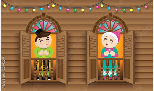 Muslim boy and girl, old man and woman standing on a Malay style window, celebrating Raya festival. 