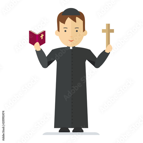 Catholic priest. Pastor reads prayer, holds cross, bible and gospel, bless parishioners. Flat vector cartoon illustration. Objects isolated on a white background.