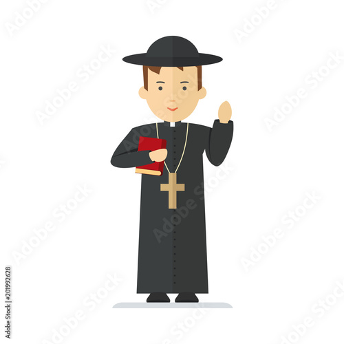 Catholic priest. Pastor reads prayer, holds cross, bible and gospel, bless parishioners. Flat vector cartoon illustration. Objects isolated on a white background.