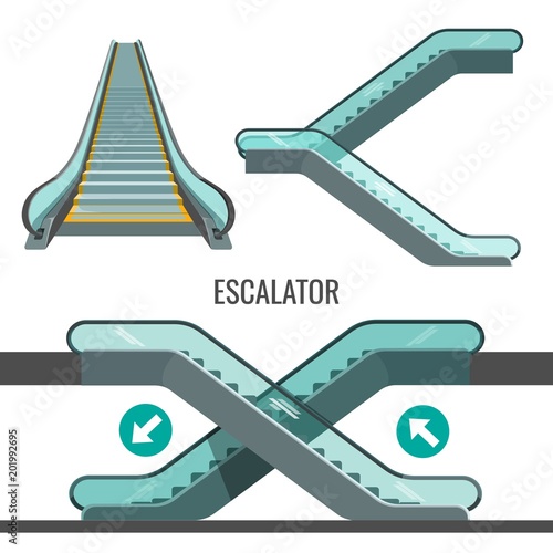 Escalator moving staircase with arrows showing way of movement