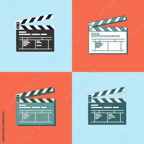 Set of Simple clapper board icon in flat style. The concept of symbol video files. The open movie clapper board isolated from the background.