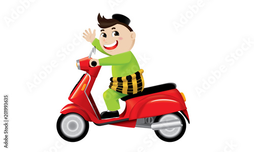 A Muslim boy riding on a cute motorbike. Isolated. 