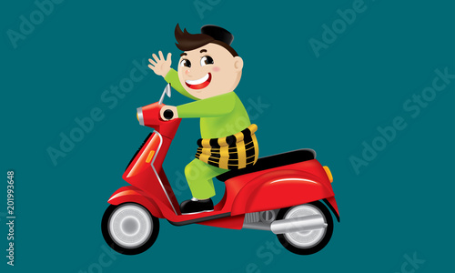 A Muslim boy riding on a cute motorbike. With color background.
