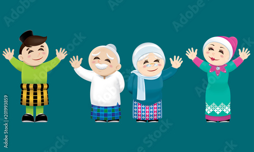 A Muslim family waving their hands.  With color background