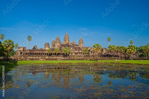 The spectacular front side with the lily pond of the main complex of Angkor Wat in Siem Reap  Cambodia. 