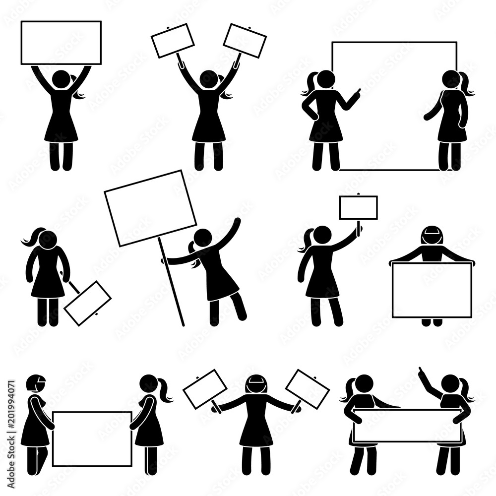 Stick figure woman join protest set. Vector illustration of girls holding banner on white Stick figure woman join protest set. Vector illustration of girls holding banner on white