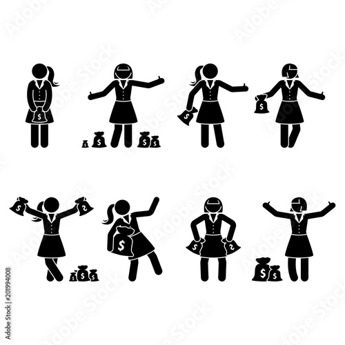 Stick figure rich businesswoman set. Vector illustration of happy girl holding money bag on white