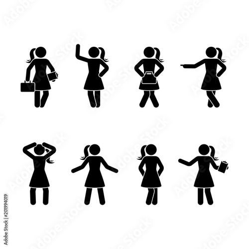 Stick figure women different positions set. Vector illustration of standing girls on white