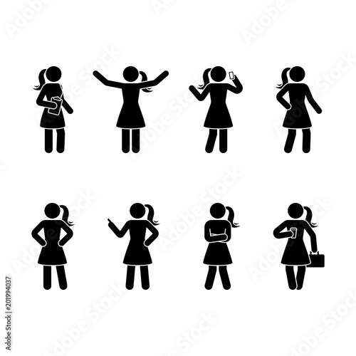 Stick figure business woman standing set. Vector illustration of different human poses on white