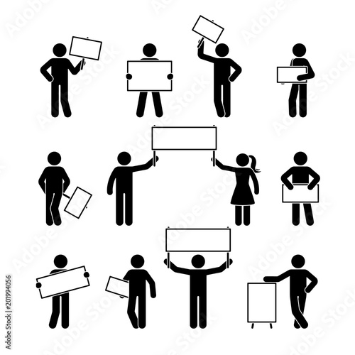 Stick figure showing empty banner set. Vector illustration of people holding blank on white