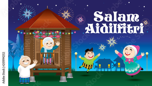 A boy and a girl is playing with fireworks during their Raya festival celebration. With village scene. The words "Salam Aidilfitri" means happy Hari Raya.