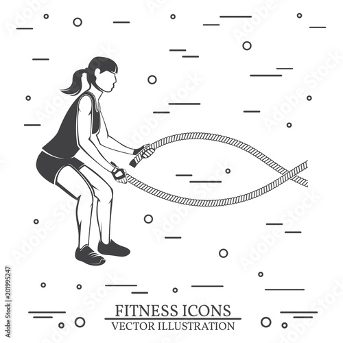 Girl do exercises with battle ropes. Vector illustration.