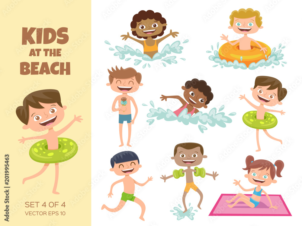 Collection of kids playing at the beach. Cartoon characters isolated on  white. Funny boys and girls swimming, running, jumping, sunbathing and  eating an ice cream. Set 4 of 4. Stock Vector | Adobe Stock