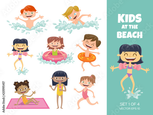 Collection of kids playing at the beach. Cartoon characters isolated on white. Funny boys and girls swimming, running, jumping, sunbathing and eating an ice cream. Set 1 of 4.