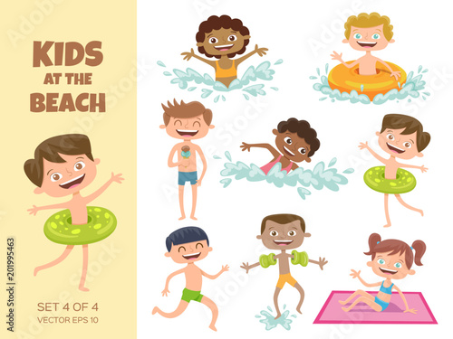 Collection of kids playing at the beach. Cartoon characters isolated on white. Funny boys and girls swimming, running, jumping, sunbathing and eating an ice cream. Set 4 of 4.