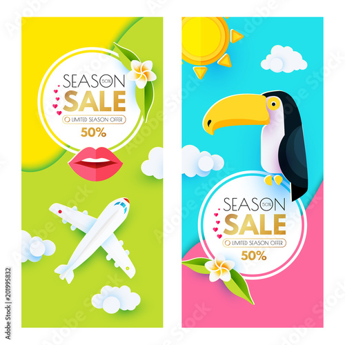 Summer Sale Layout Design Template Set. Paper Art. Season Offer Banner with Toucan, Plumeria, Plane, Lips, Clouds, Circle Banners and Decorative Elements. Exotic Travel.