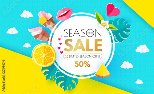 Summer Sale Layout Design Template. Paper Art. Season Offer Banner with Circle Banner, Citrus, Plumeria, Icecream, Lips, Clouds, Pineapple Peace and Monstera Leaves on Colorful Bright Background.