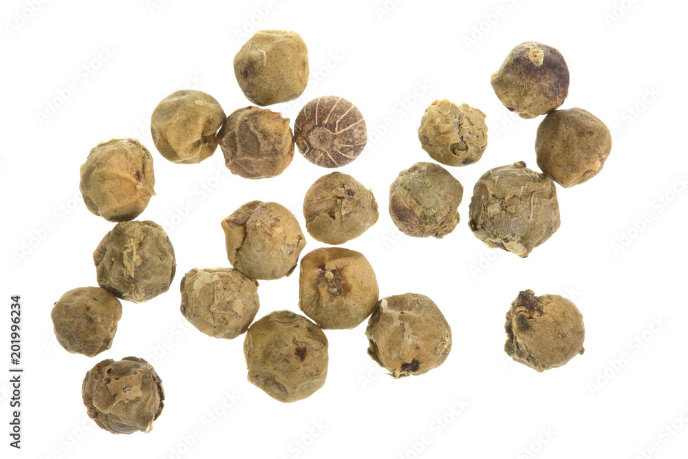 green peppercorns isolated on white background. Top view. Flat lay green peppercorns isolated on white background. Top view. Flat lay