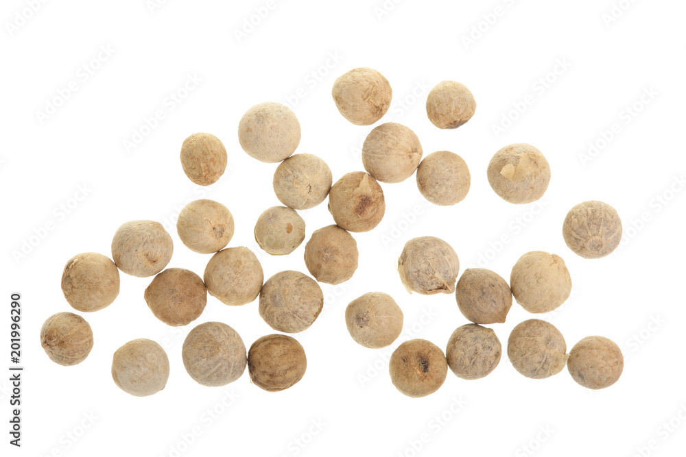 white peppercorns in isolated white background. Top view. Flat lay. Close up white peppercorns in isolated white background. Top view. Flat lay. Close up