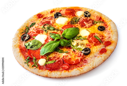 Hot Pepperoni Pizza isolated on white background. Pizza with mozzarella cheese, Basil leaf and tomato sauce, top view.