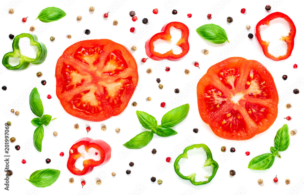 Seamless pattern with fresh vegetables, herbs and spices. Isolated on white background. Top view. Seamless pattern with fresh vegetables, herbs and spices. Isolated on white background. Top view.