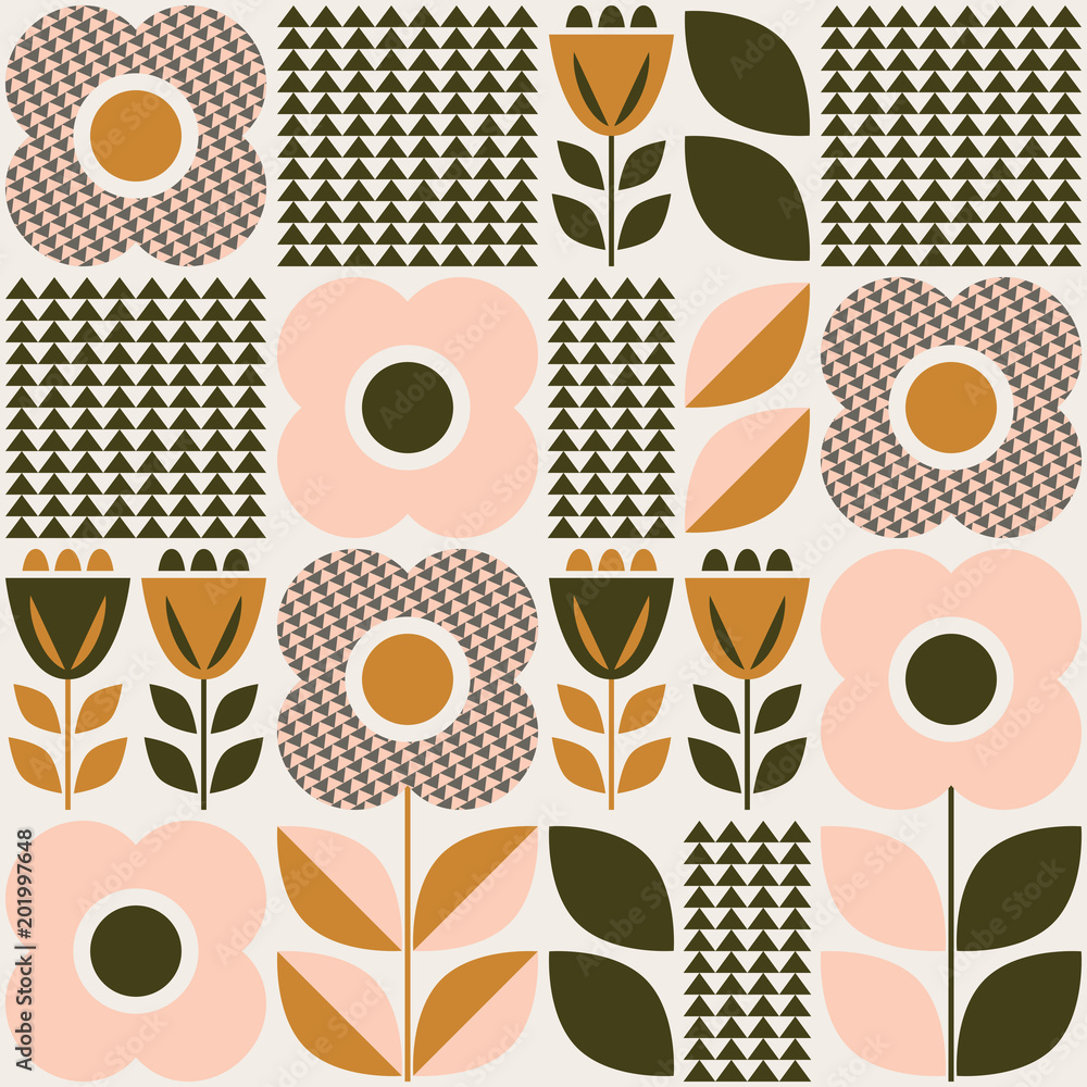 seamless pattern with floral elements in retro scandinavian style - obrazy, fototapety, plakaty 