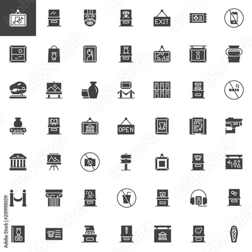 Museum vector icons set, modern solid symbol collection, filled style pictogram pack. Signs, logo illustration. Set includes icons as Mask, Diamond, Painting, Vase, Dinosaur, Picture, Glass showcase