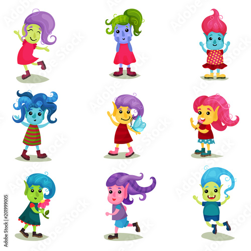 Cute troll characters set, happy creatures with different colors of skin and hair vector Illustrations on a white background
