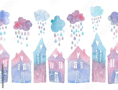 Seamless pattern with hand painted houses and clouds with falling raindrops. Colorful watercolor illustration isolated on white background.