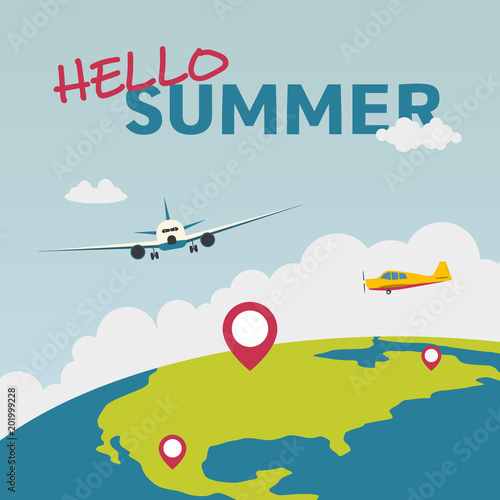Hello summer illustration with airplane and the globe. Summer vacation. Concept website template. Vector illustration. .