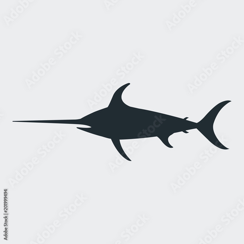 Icono plano silueta pez espada en fondo gris
