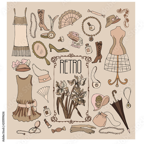 Set of vintage fashion accessories. Vector illustration.