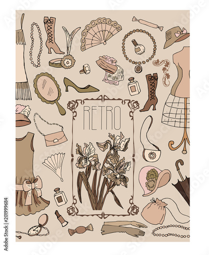 Background of vintage fashion accessories. Vector illustration.