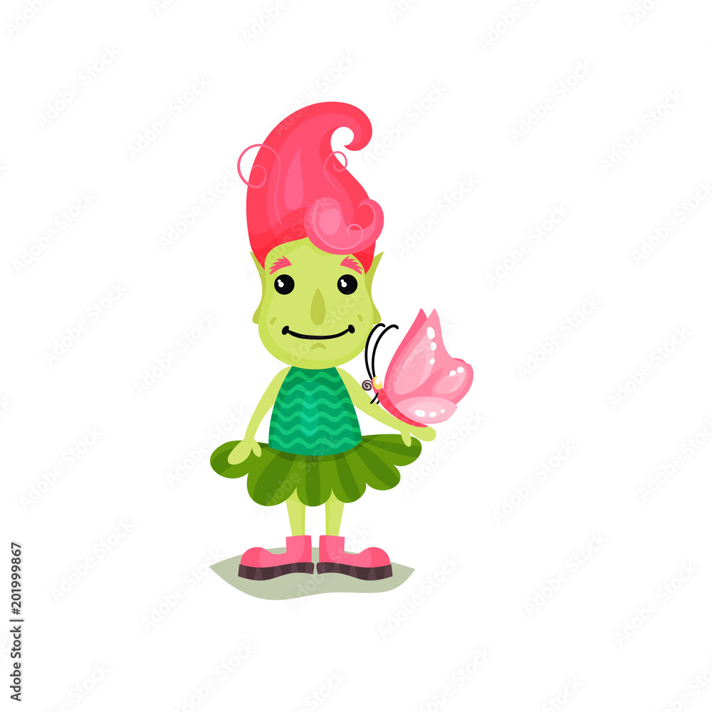 Vektorová grafika „Lovely happy girl troll with pink hair and green skin,  funny fairy tale character vector Illustrations on a white background“ ze  služby Stock | Adobe Stock