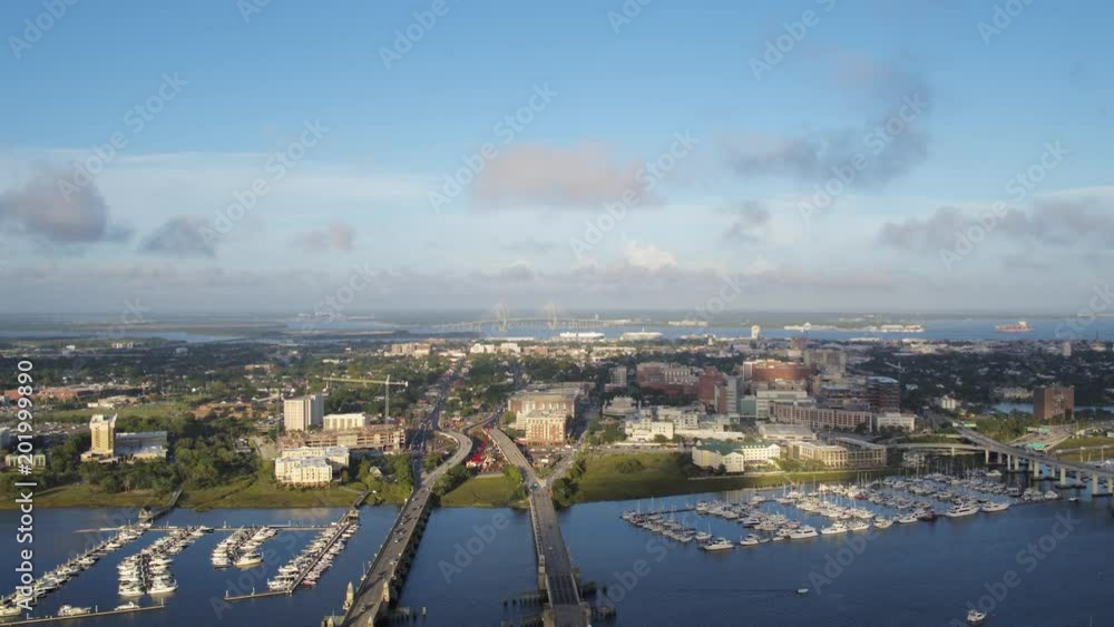 South Carolina Charleston Aerial v120 Traversing cityscape and marina view 10/17 South Carolina Charleston Aerial v120 Traversing cityscape and marina view 10/17