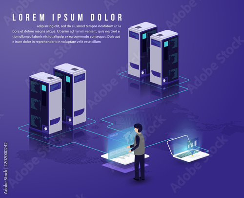 Isometric laptop and phone with people . Smart object and smart technology design with different object and icons. 3d vector illustration.