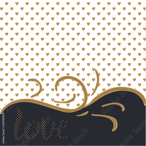 Love. Elegant background with golden love hearts and lettering